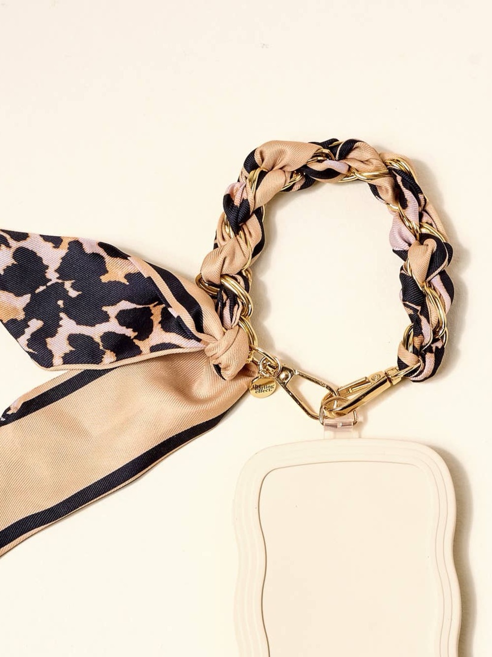 Beige Leopard Print Braided Wristlet Holster with Gold Chain Clip